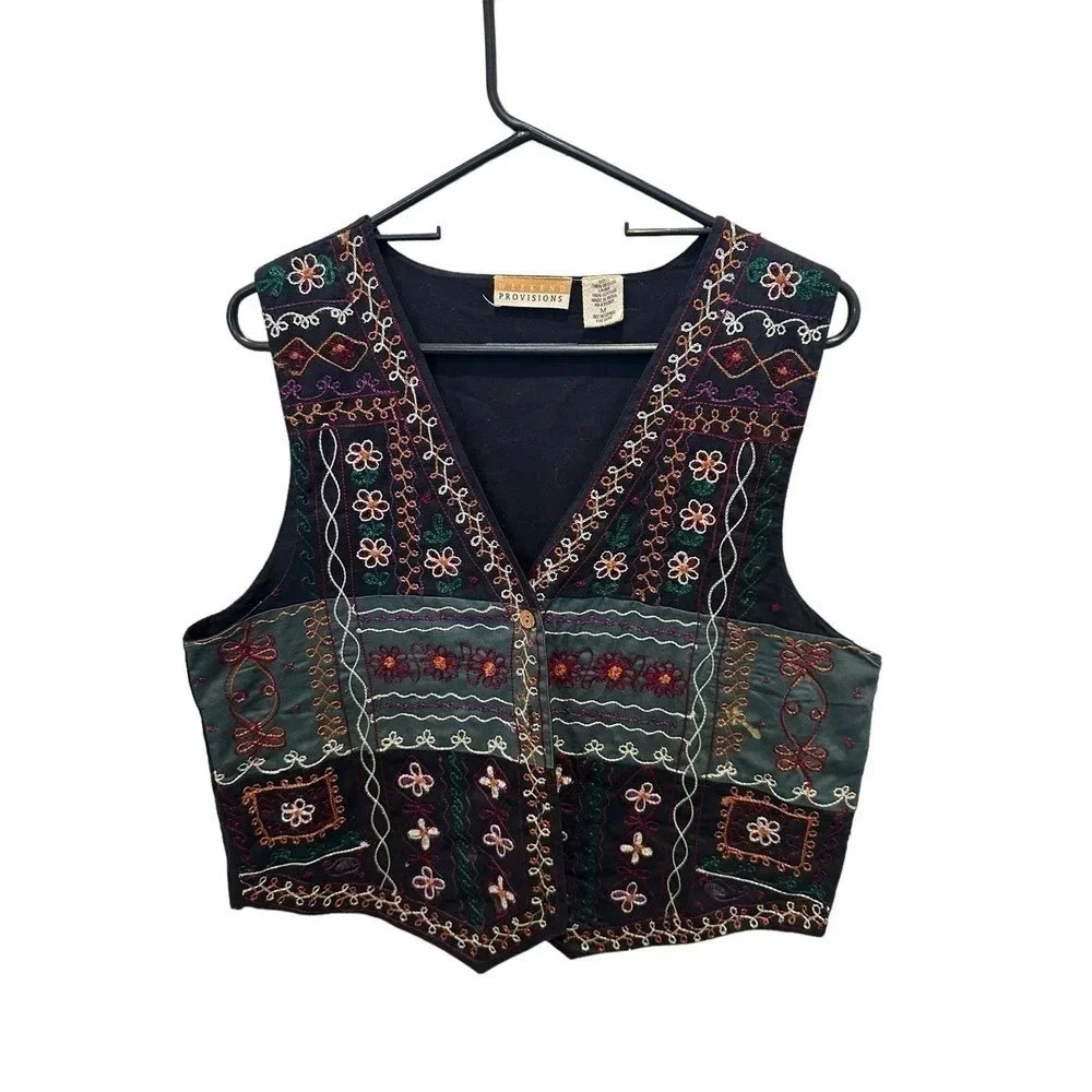 Weekend Provisions Women's Black Sleeveless Floral Vest Size Medium